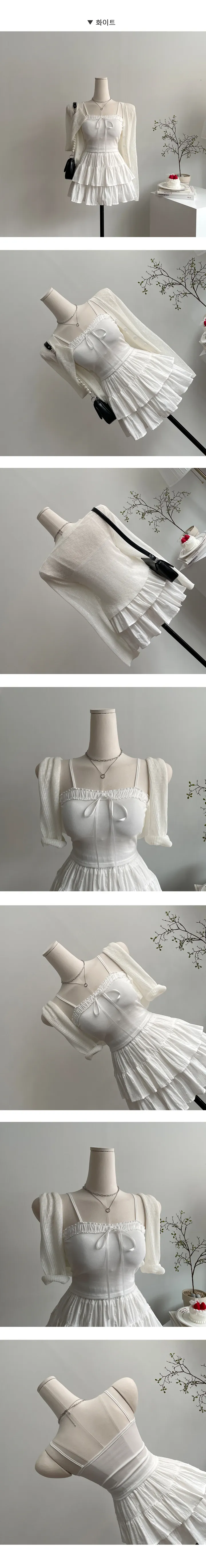 [나시+가디건set!/페미닌] 마카롱 리본포인트 크롭나시 + 가디건 2pc세트 (2color) 상세 이미지 4