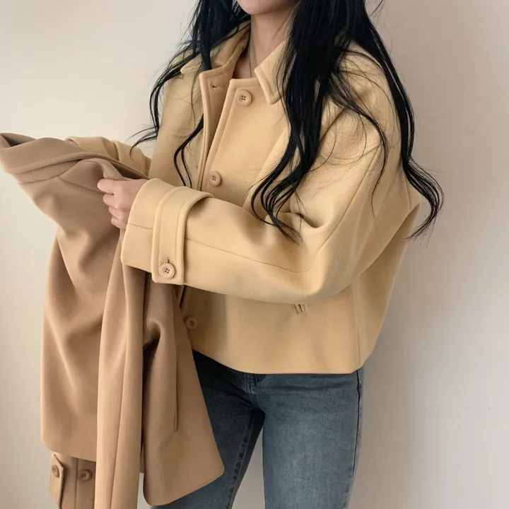 봄가을 크롭재킷 오버핏 아이보리 블랙 싱글버튼 숏코트 상세 이미지 11