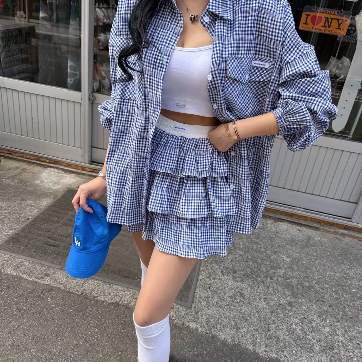 [패드내장/세트가/~여름까지쭉 ] 루즈핏 지지미 트임 언발 체크 미니 패치 셔츠 + 하이 배색 패치 플리츠 캉캉 치마 바지 투피스 셋업 2COLOR 상세 이미지 18