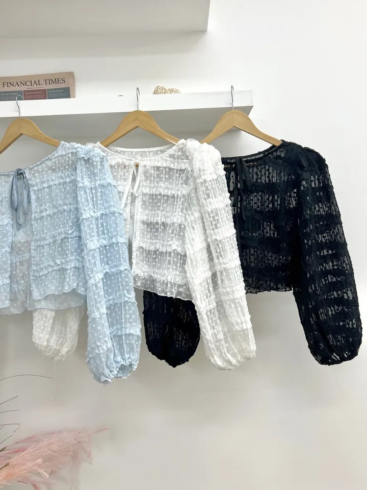 🩵공쥬핏+어깨패드O🩵쉬폰 퍼프 땡땡이 볼레로 가디건 (3COLOR) 시스루 프릴가디건 휴양지룩 여행룩 볼레로블라우스 상세 이미지 22