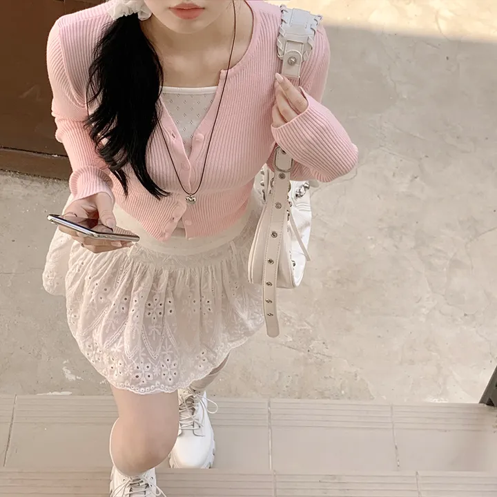 [고퀄!청순여리핏🤍] 러블리색감~ 파스텔 허리잘록 골지 슬림핏 봄여름 긴팔 크롭 니트가디건 소라 딸기우유 여름쿨톤 추천 벚꽃룩 상세 이미지 14