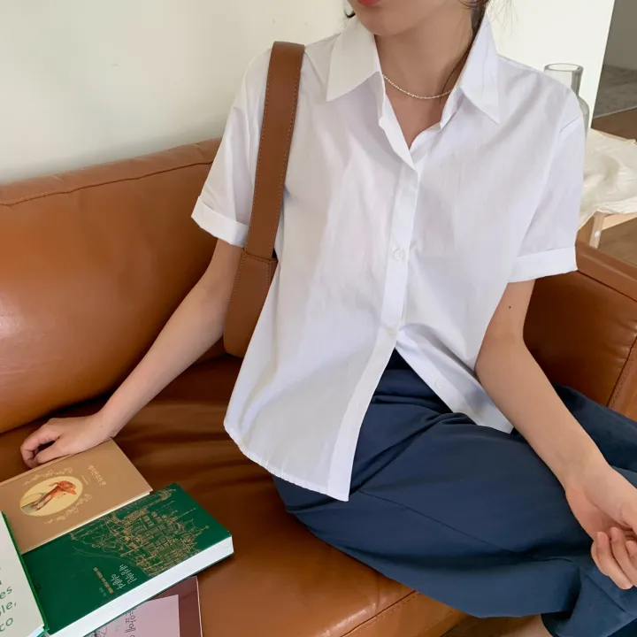 [비침X,베이직] 8컬러 제이 크롭 카라 코튼 반팔 셔츠 상세 이미지 21