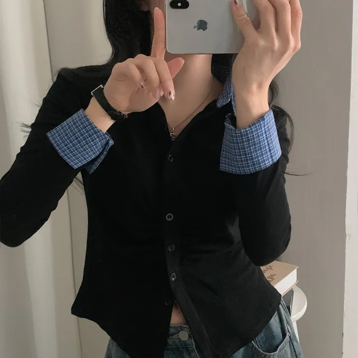 [일체형!/말라핏] 레이디 체크 셔링 레이어드 롱슬리브 버튼 긴팔티셔츠 - 4color 상세 이미지 27