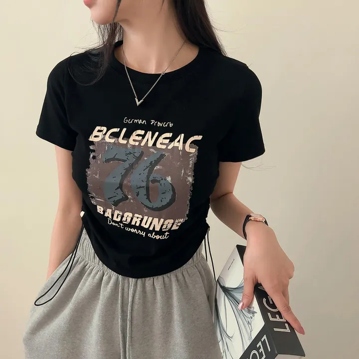 76プリントラウンドサイドシャーリングストリング半袖Tシャツ