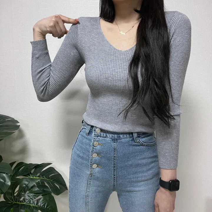 1000장 돌파! 🚀당일발송!🚀✨진짜최저가보장✨ 🎊봄까지 쭉!🎊 주문폭주 🎀리뷰극찬🎀 2개 구매시 묶음할인! 기본 슬림 골지 브이넥 니트 긴팔티 상세 이미지 32