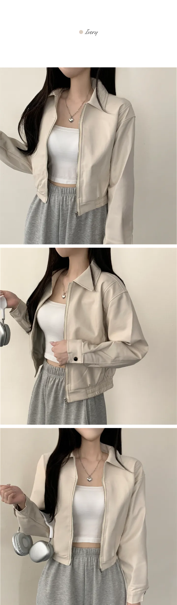 [예쁨보장/가을무드] 블루종 박시 카라 크롭 라이더 가죽 레더 자켓 3color 상세 이미지 4
