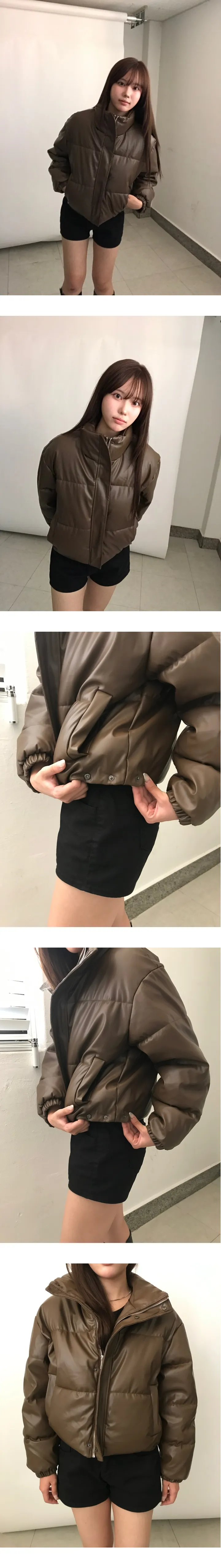 [MD추천/따뜻🖤]스냅 레더 크롭 하이넥 패딩 상세 이미지 6