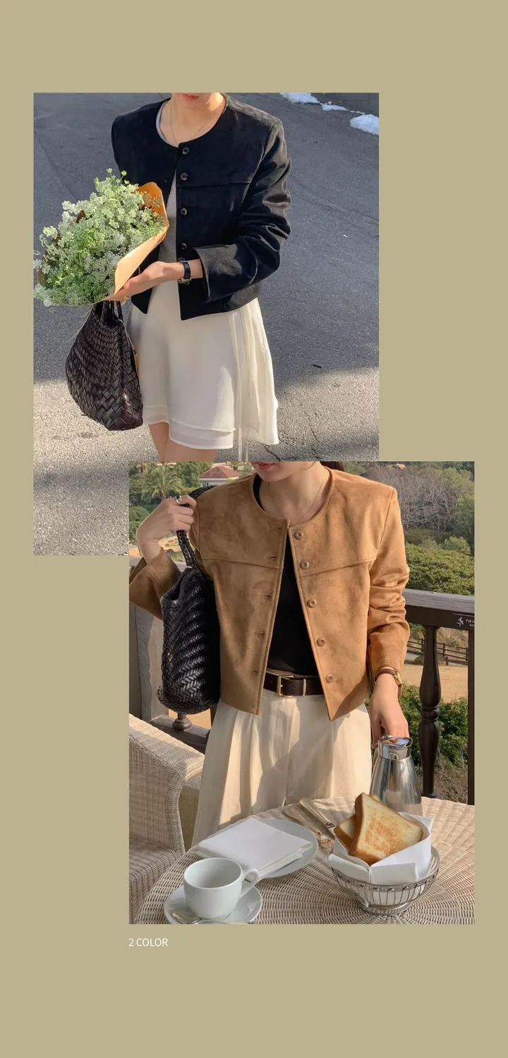 [봄신상🧡] 아잉 에이스 스웨이드 자켓 크롭 숏 라운드 포켓 하객룩 개강룩 출근룩 봄자켓 크롭자켓 상세 이미지 5