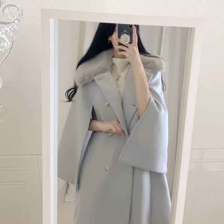 [롱케이프코트💗/고퀄보장✨] 롱VER. 알콩 울 캐시미어 폭스퍼 페이크퍼 밍크퍼 누빔안감 케이프 벨트 버튼 고급 우아 롱 판쵸 코트 망토 자켓 (4color) 연말룩 크리스마스 상세 이미지 28