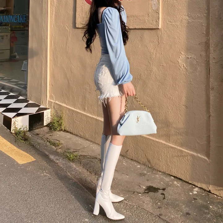 [내가 찾던 그 핏!/ -3kg보장] 4컬러 증명사진룩 군살쏙 셔링 스퀘어넥 퍼프 벌룬 긴팔 티셔츠 가을히트 청순 여리 쫀쫀 기본 베이직 이너티 상세 이미지 10