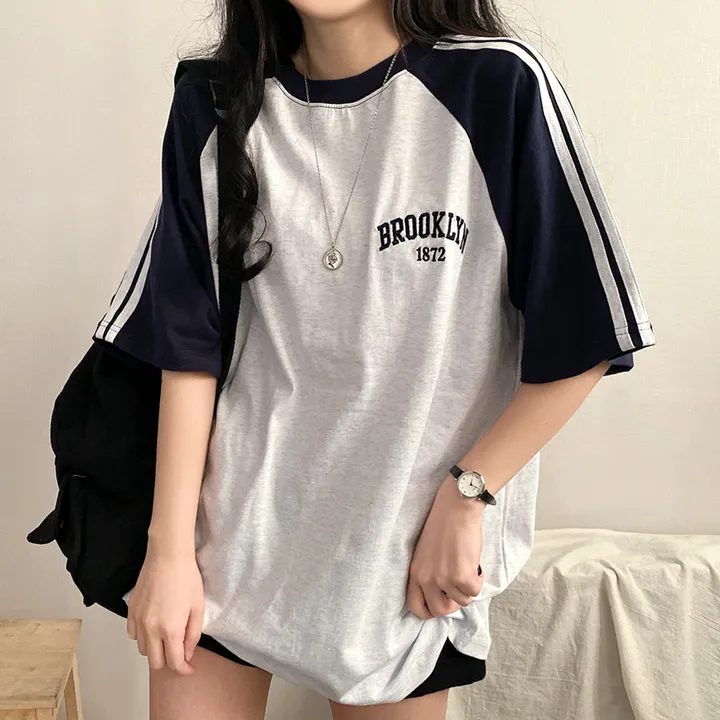 [예쁜/스포티!] 두줄 져지 배색 나그랑 브루클린 자수 데일리 반팔티T 5color 상세 이미지 25