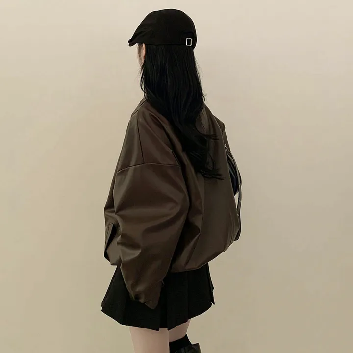 [찐오버핏/고퀄!] 카라 블루종 레더자켓 밴딩 시보리 점퍼 브라운 블랙 상세 이미지 7