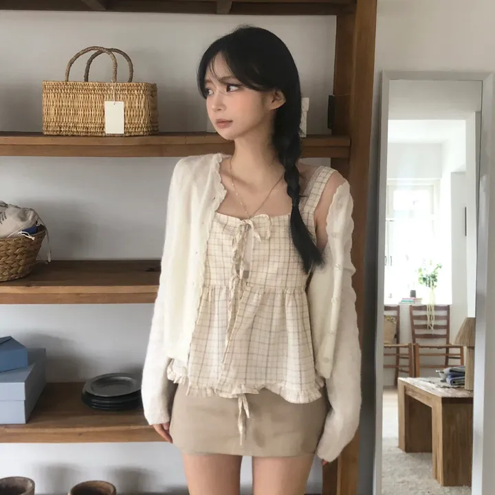 [레이어드템!]러블리 체크 리본 뷔스티에 나시 블라우스 2color 상세 이미지 13