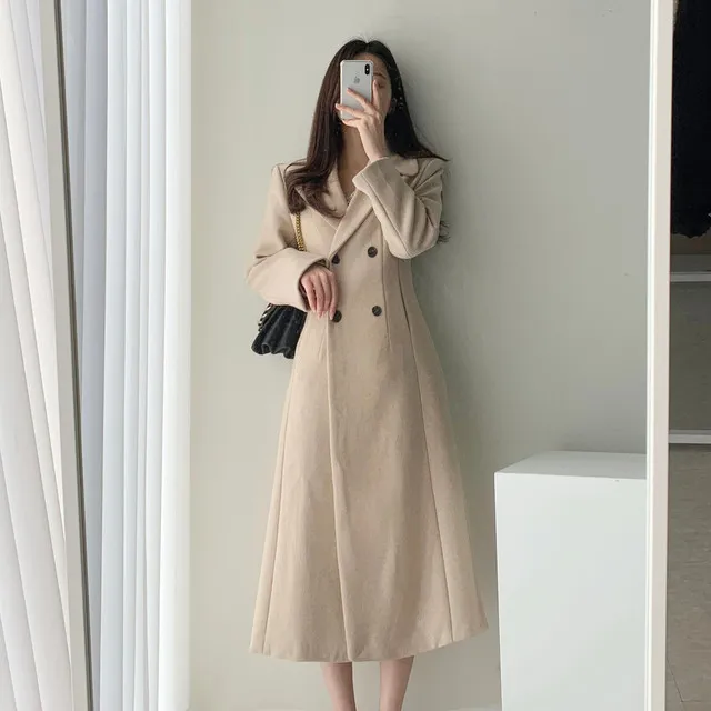 A라인 슬림 롱 플레어 더블 버튼 울코트 블랙 베이지 상세 이미지 51