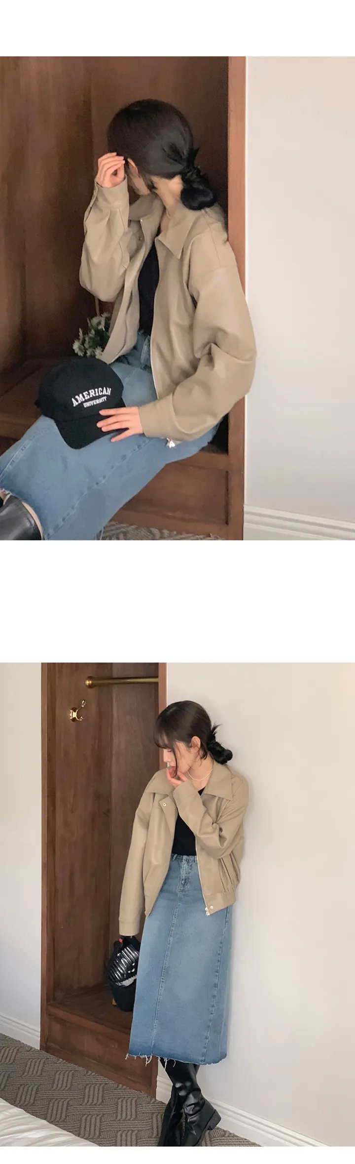 젤라또 카라넥 블루종 히든버튼 레더 가죽자켓 - 3color 상세 이미지 6