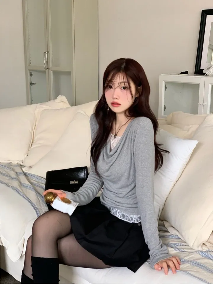 [레이스일체형ෆ군살커버말라핏]이연 텐션 여리핏 드레이프 셔링 레이어드 레이스 골지 롱슬리브 티셔츠 3color 상세 이미지 21