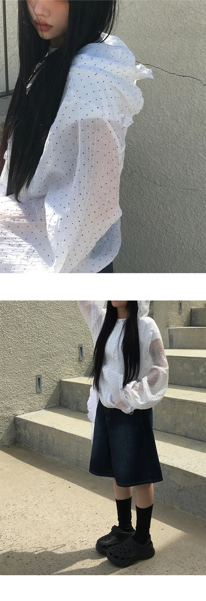 [저퀄리티 유사품 주의/ 여름 바람막이🤍] 렛츠 프릴 후드 도트 바람막이 자켓 (2color) 상세 이미지 11
