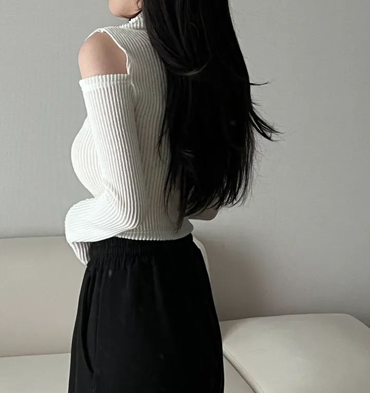 [볼레로ver 추가!] 어깨트임 숄더 컷아웃 골지 크롭 카라 슬림 지퍼 긴팔 집업 3color 차콜 블랙 아이보리 상세 이미지 9