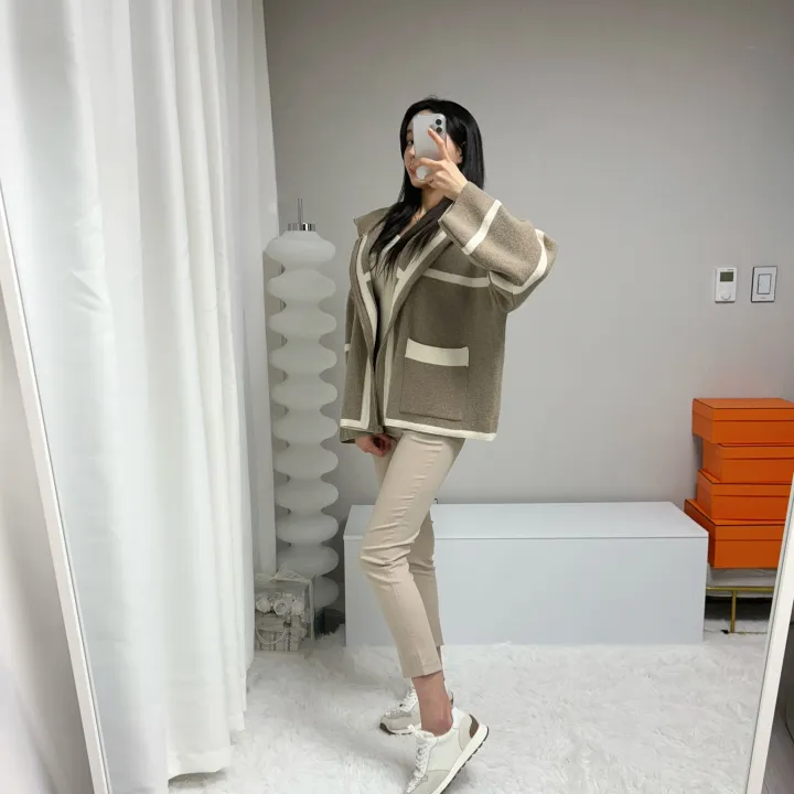 *꾸안꾸, 루즈핏* 라인 배색 니트 후드집업 가디건 자켓 상세 이미지 12
