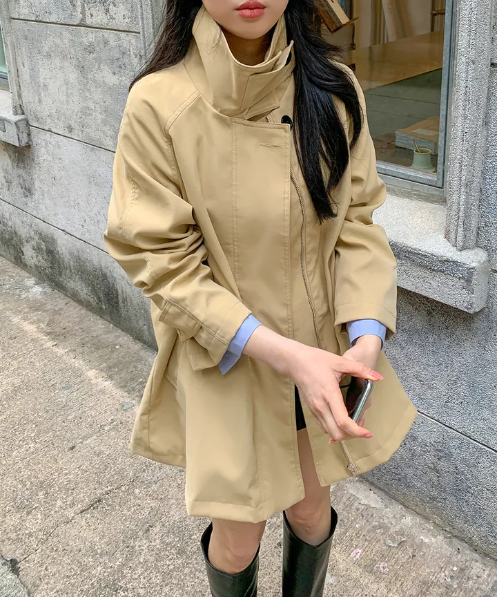 [귀욤아방핏🤎완전강츄] 하이넥 하프 숏 트렌치코트 오버핏 루즈핏 A라인 케이프 바바리 자켓 야상 점퍼 봄 가을 간절기 아우터 데일리룩 2COL 상세 이미지 4