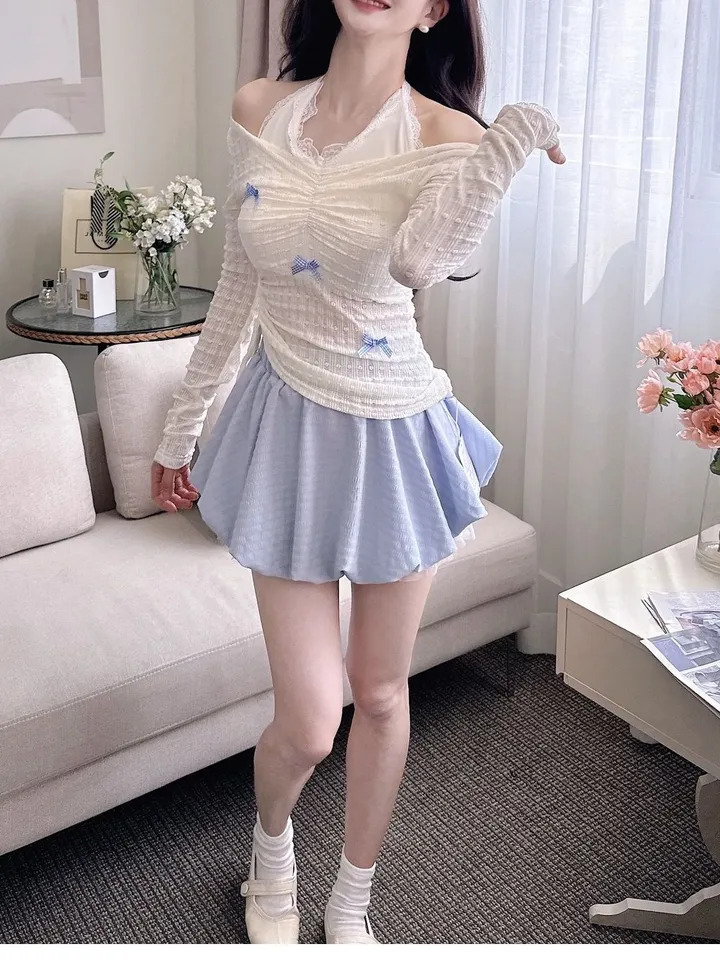 [당일출고🩷발레코어/세트가격🩷] 리본 포인트 레이스 홀터넥 긴팔 오프숄더 티셔츠 &  레이스 프릴 벌룬핏 치마 바지 투피스 세트 봄 여름 아이돌 상세 이미지 17