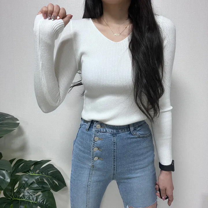 1000장 돌파! 🚀당일발송!🚀✨진짜최저가보장✨ 🎊봄까지 쭉!🎊 주문폭주 🎀리뷰극찬🎀 2개 구매시 묶음할인! 기본 슬림 골지 브이넥 니트 긴팔티 상세 이미지 14