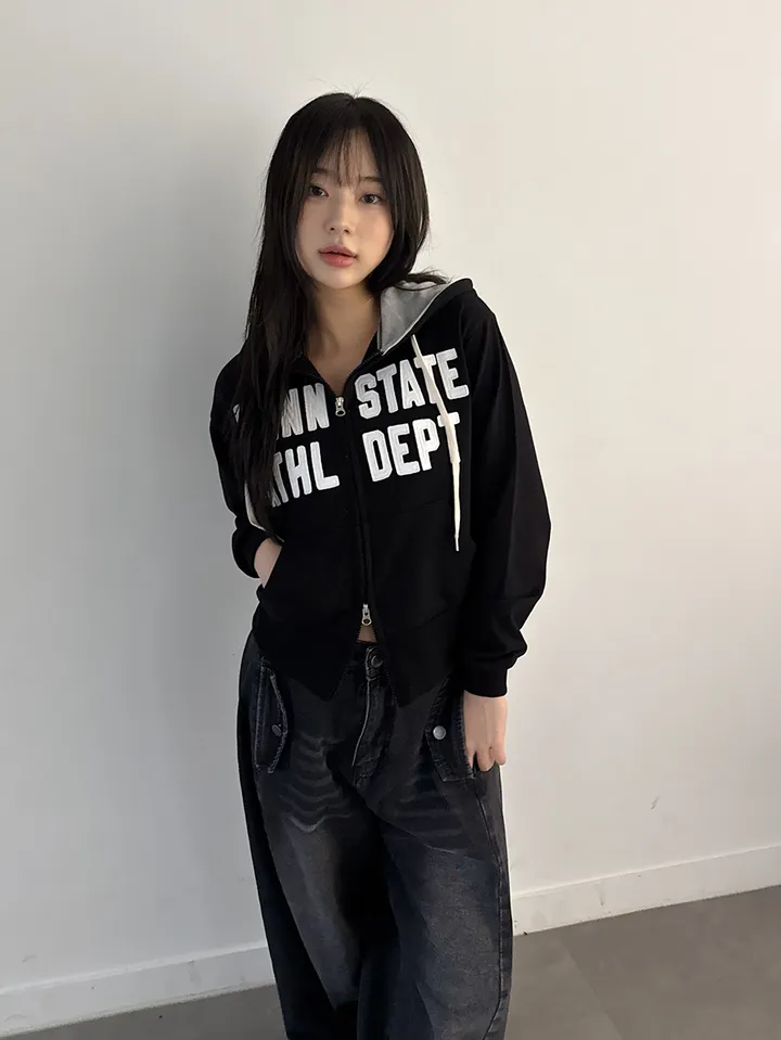 [허리잘록] 스테이트 자수 패치 배색 후드 집업 - 4color 상세 이미지 18