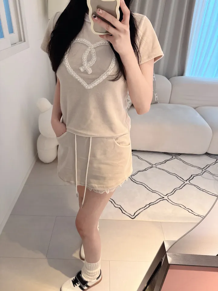 벨로아 피치 진주 하트 레이스 치마바지 투피스 세트 (2color) 상세 이미지 41