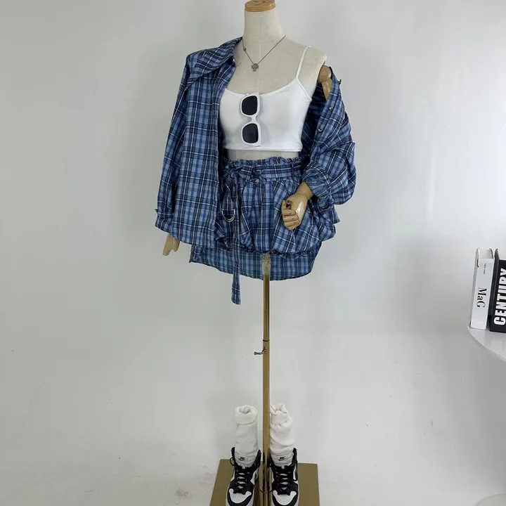 *벨트포함*[꽃놀이룩🌸/MD추천/여행룩/러블리/세트가격💙] 러블리 느좋 블루 체크 루즈핏 하트 단추 지지미 셔츠 남방 + 하이 로우 벨트 펌킨 프릴 체크 치마바지 SET 상세 이미지 26