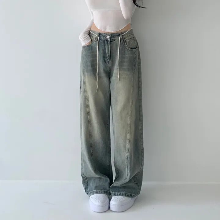 [색감깡패🖤/끈탈부착O] 미드나잇 뒷밴딩 스트링 스트랩 하이웨스트 절개라인 빈티지 워싱 롱 와이드 데님 팬츠 밴딩바지 청바지 사계절청바지 상세 이미지 8