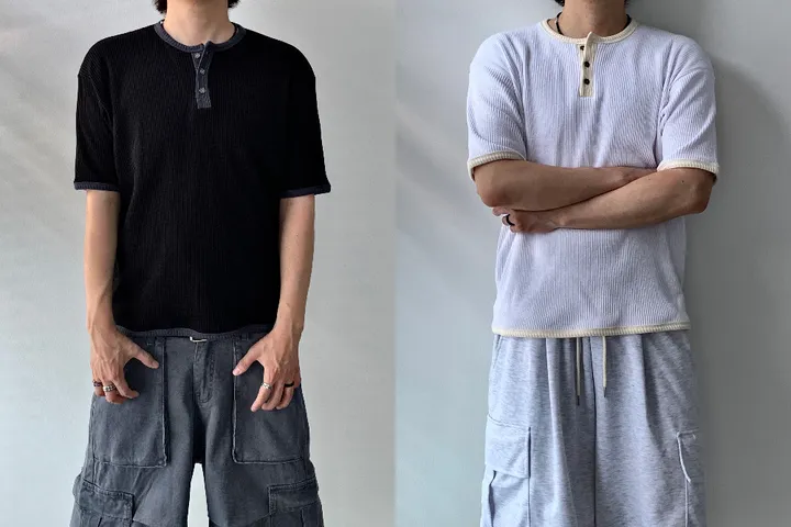 【KOOLOSET】[Plan]Waffle Henley Neck Ringer Half Sleeve 81JustSweatshirts-100-cotton-