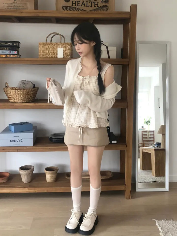 [레이어드템!]러블리 체크 리본 뷔스티에 나시 블라우스 2color 상세 이미지 12