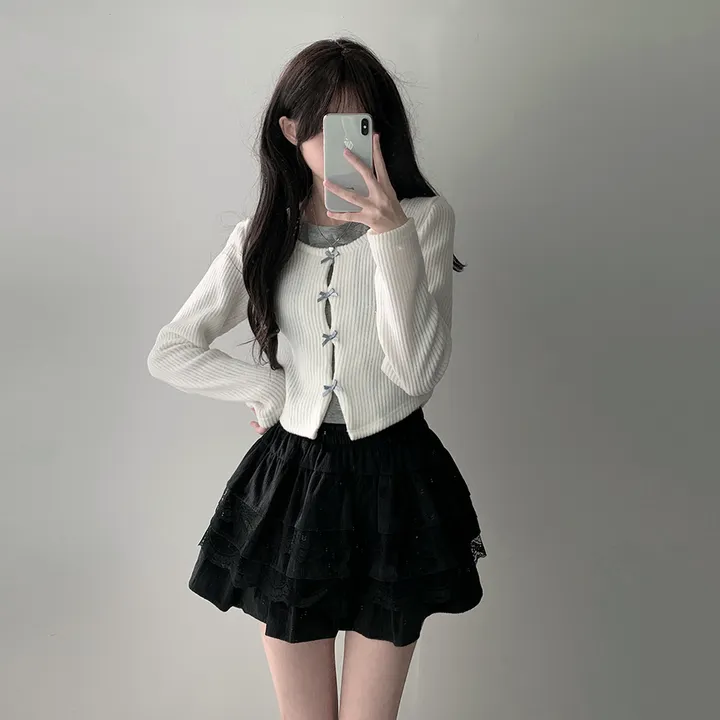 *봄가을ver추가* [코디세트/완전귀여운!] 뮤즈 보들 리본 트임 홀터넥 나시 레이어드 일체형 니트 + 슈아 밴딩 골지 레이스 캉캉 스커트 투피스 세트 상세 이미지 3