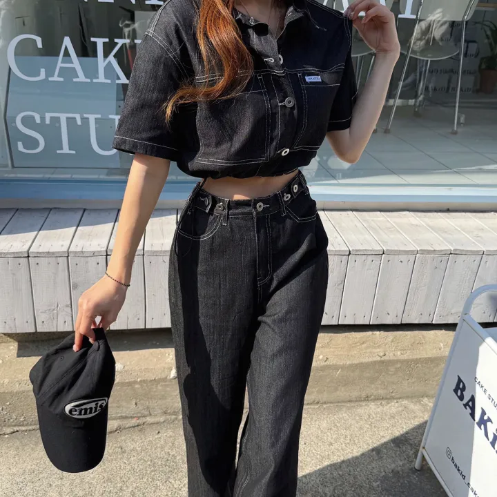 [오직힙샵만/데님투피스] 스티치 생지 포켓 패치 스트링 흑청 크롭 데님 자켓+ 하이 비죠 단추 롱 와이드팬츠 청청 투피스 세트 (2color) 상세 이미지 11