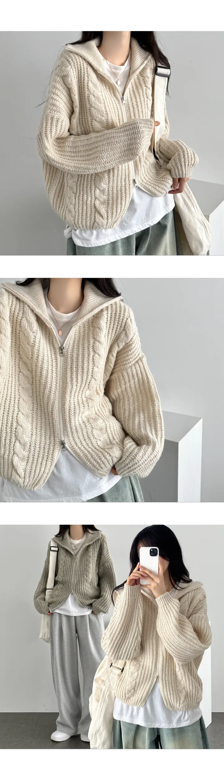 최저가보장👌국내!/MADE/퀄리티대박-!] 하이넥/카라넥 아방핏 벌룬 투웨이 꽈배기 니트 집업 - 5color 상세 이미지 15