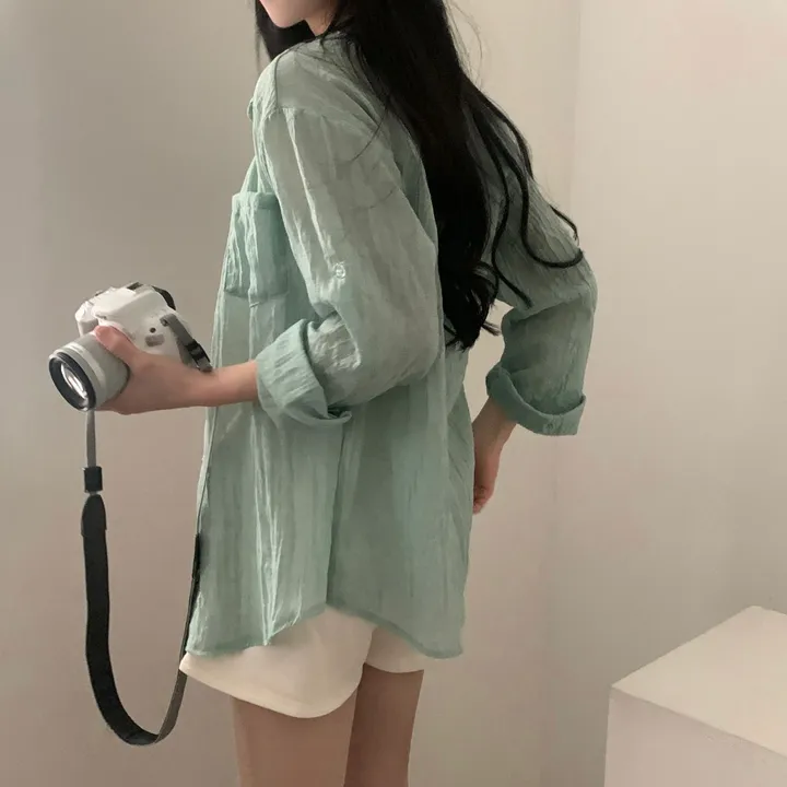 [살안타템17컬러✨/크롭&루즈핏] 햇빛차단, 린넨 시스루 루즈핏 거즈 셔츠/남방 블라우스 상세 이미지 24
