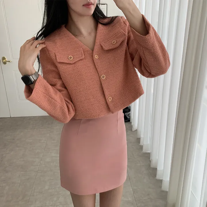 [부분 당일배송🎀1000장돌파!! 리뷰극찬🔥컬러추가!] 트위드 세미 크롭 자켓 노카라 간절기 하객룩 숏자켓 핑크 아이보리 블랙 네이비 - 5colors 상세 이미지 27