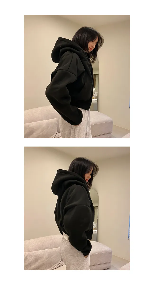 [주문폭주]언더립 기모 오버핏 크롭 투웨이 후드 숏 집업 점퍼(블랙/그레이/차콜) 상세 이미지 3