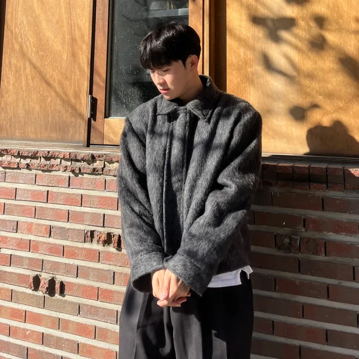 [캐주얼] 배색 남자 커플 오버핏 부클 털 모헤어 울 숏 하프 반 크롭 코트 점퍼 자켓 상세 이미지 20