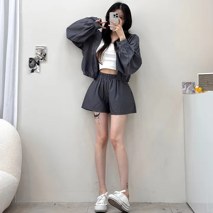 [한여름까지!/살안타템] 벌룬 끝판왕! 린넨 아방핏 크롭 밴딩 셔츠 후드 집업+실키 하이웨스트 3부 숏팬츠 반바지 투피스 세트 5color 상세 이미지 9