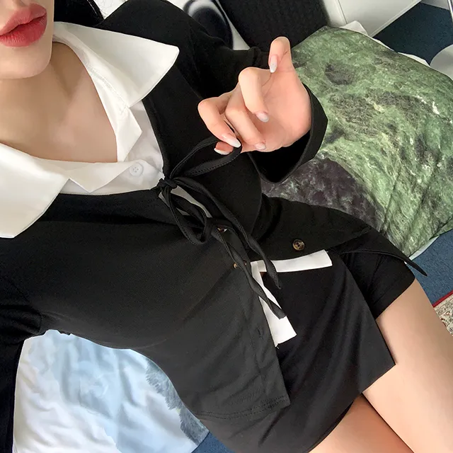 [일체형/모던룩/2col] 신디 일체형 슬림핏 레이어드 셔츠 가디건 / 카라넥 / 리본가디건 / 레이어드티셔츠 / 페이크셔츠 / 긱시크 / 브이넥 / 셔츠니트 / 코디완성 / 강추 상세 이미지 8