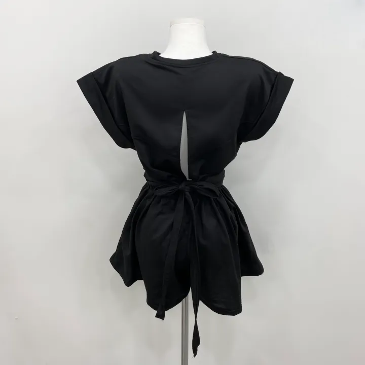 [set!]리본 뒷트임 롤업 캡소매 반팔티+플레어 숏팬츠 반바지 투피스 트레이닝 세트 2color 상세 이미지 12