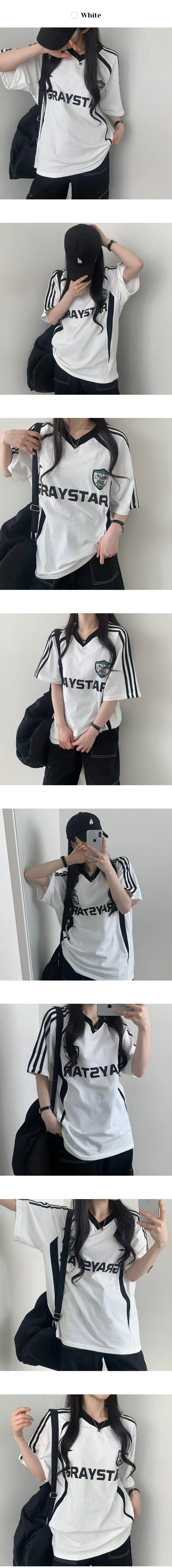 [블록코어/Y2K] 유브 오버핏 배색 라인 프린팅 반팔티 (2color) 상세 이미지 5