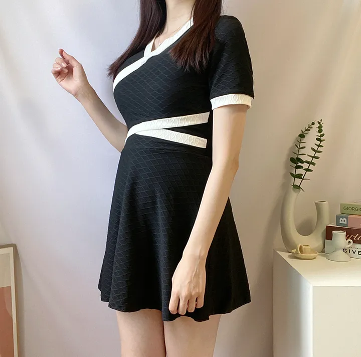 [속바지세트/3size] 클래식 배색 랩 원피스 수영복 반팔 빅사이즈 모노키니 만삭 임산부 태교여행 임부복 상세 이미지 13