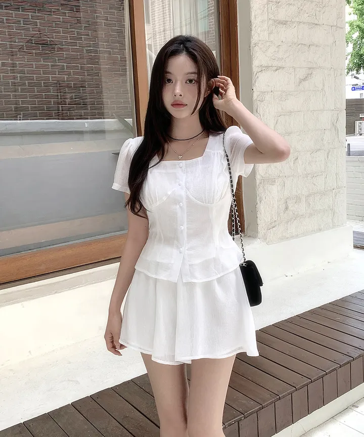 [투피스 set💗치마바지] 셀럽 스퀘어넥 허리끈 여름 하객룩 반팔 블라우스 미니 스커트 치마바지 투피스 세트 / 데이트룩 미니원피스 클래식블랑 상세 이미지 10