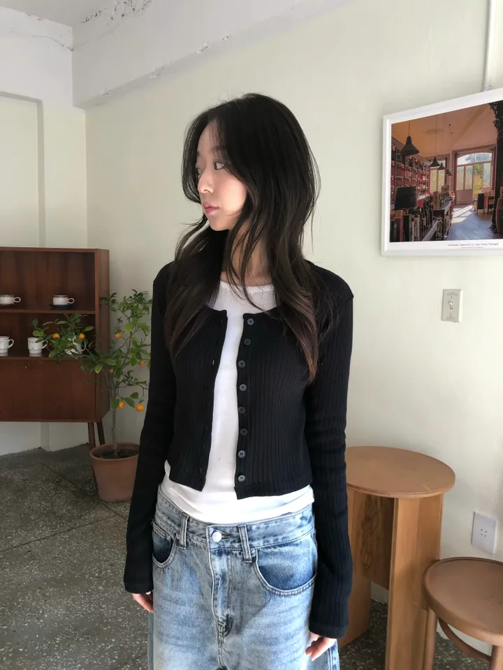 슬림핏 숏 골지 가디건 상세 이미지 3