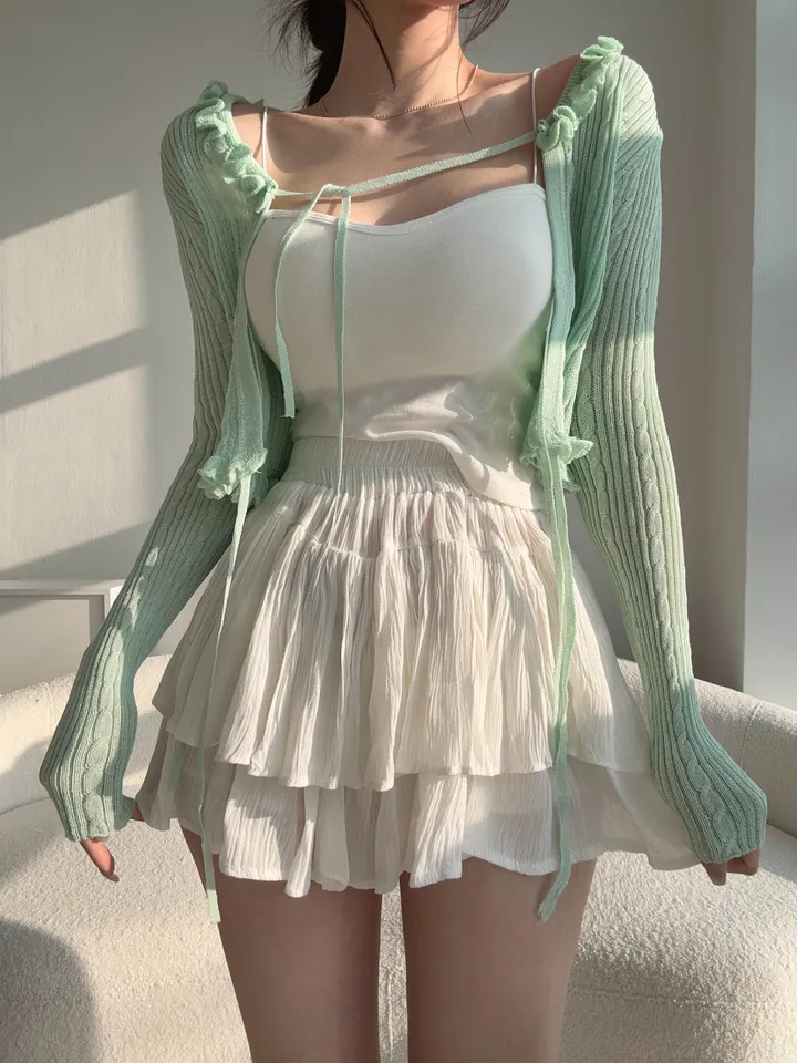 【핏보장-!】 여리여리 스트랩 끈 롱슬리브 프릴 꽈배기 부클 가디건 상세 이미지 36