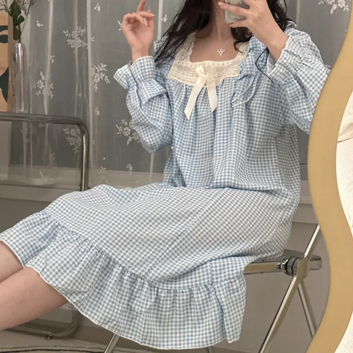 [당일출고/3컬러] 루즈핏 귀여운 스몰 체크 오버핏 긴팔 원피스 파자마 잠옷 상세 이미지 2
