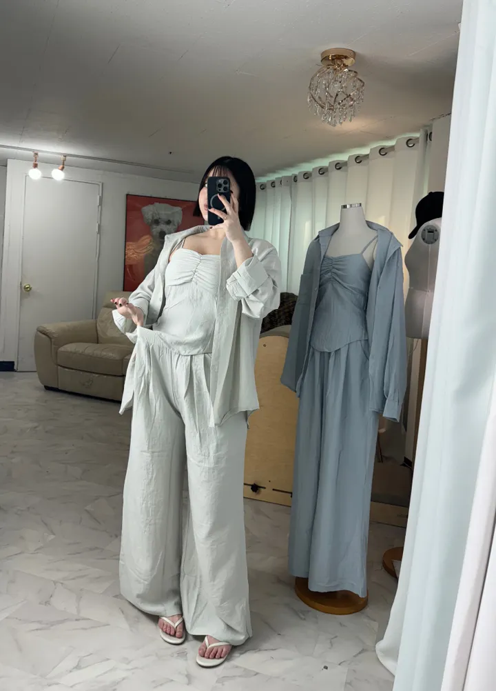 [체형커버/쓰리피스]오버핏 셔츠 스모크 밴딩 나시 와이드팬츠 쓰리피스 세트 상세 이미지 22