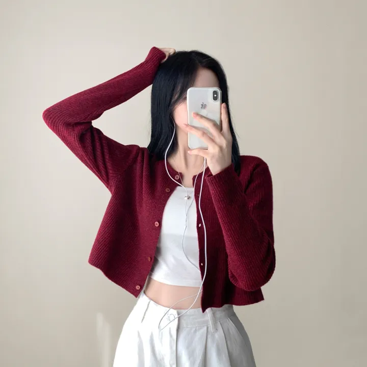 [캐시울/만족도100%] 크렌베리🍇 여리핏 캐시울 아크릴 라운드 골지 크롭 긴팔 가디건 상세 이미지 12